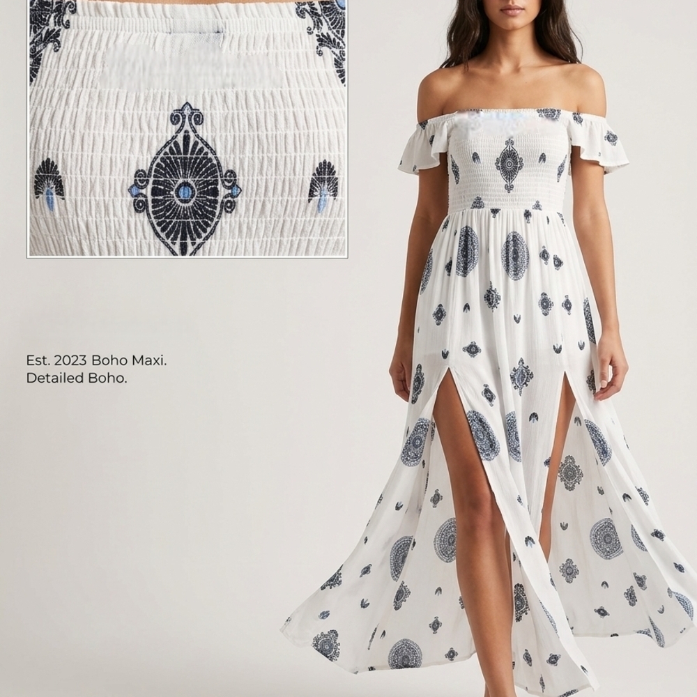 Shinestar Boho Smocked Maxi Dress with Triple Slits White And Navy Size:M